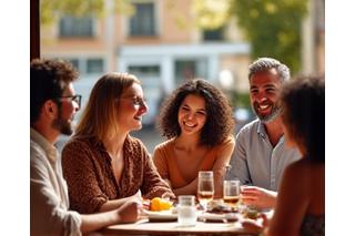 Gruppo di amici che ridono e conversano in un caffè, senza telefoni.