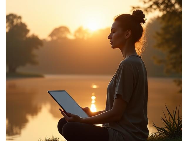 Donna che medita in un ambiente naturale, con un tablet vicino ma non in uso, a simboleggiare l'equilibrio tra tecnologia e natura.