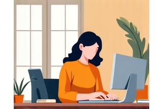 Ufficio minimalista con una persona profondamente concentrata su un compito, senza interruzioni digitali.