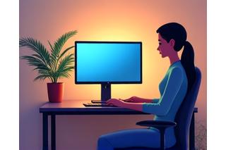 Postazione di lavoro ergonomica con monitor, tastiera e sedia corretti, e una luce ambiente calda.