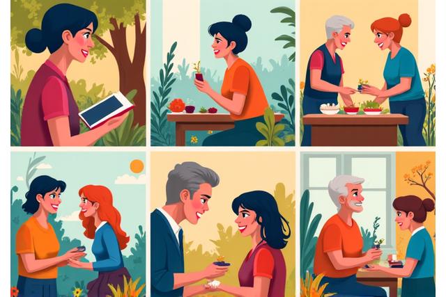 Illustrazione di attività analogiche come leggere un libro, dipingere e fare giardinaggio, con persone impegnate e felici.