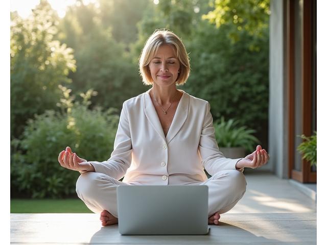 Persona che pratica mindfulness accanto a un laptop, con un'aura di calma e concentrazione.