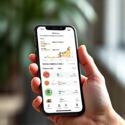 Mano che tiene uno smartphone con un'app di monitoraggio della salute, che mostra statistiche vitali e obiettivi di fitness