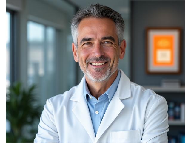 Ritratto professionale del Dr. Marco Rossi, cardiologo e ricercatore italiano, con un sorriso rassicurante e uno sfondo medico moderno