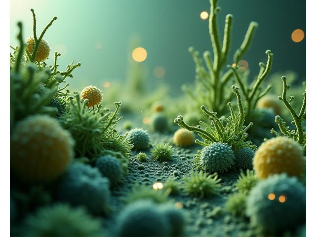 Illustrazione scientifica del microbioma intestinale con batteri benefici e vili fluorescenti, su sfondo scuro con un tocco di colore