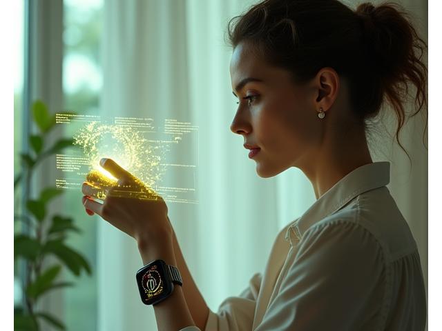 Donna che indossa uno smartwatch elegante mentre monitora i suoi dati vitali su un'interfaccia olografica, in un ambiente pulito e moderno