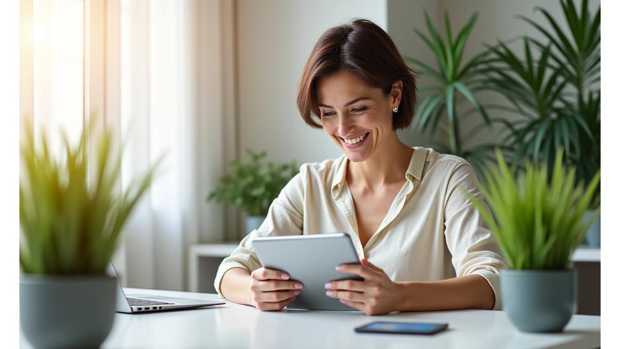 Donna sorridente che legge su un tablet, circondata da piante, simboleggiando la scoperta quotidiana di nuove conoscenze sul benessere