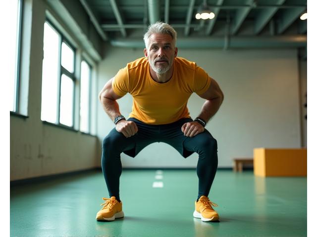 Uomo di mezza età che si allena con degli intervalli ad alta intensità ma adatta al suo recupero