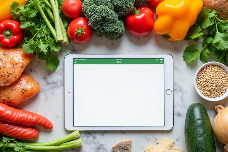 Varietà di cibi freschi e colorati disposti in un piano pasto settimanale con un tablet che mostra un'app di tracking dei nutrienti