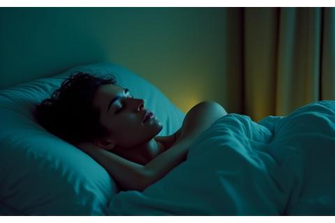 Persona rilassata che dorme in una camera da letto buia, con una luce ambientale calda e dispositivi per la gestione della luce blu