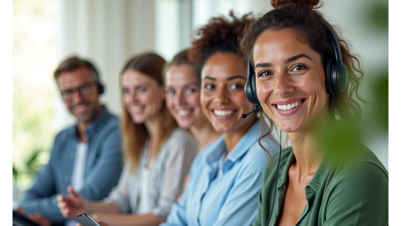 Un team sorridente di professionisti Rifugio Salute che assiste i clienti, con tablet e cuffie.