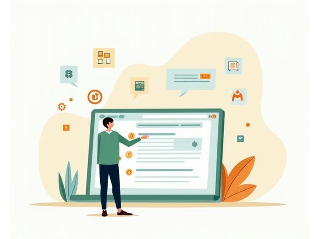 Illustrazione di una persona che utilizza una chat live su un tablet, circondata da icone di documenti e tutorial, simboleggiando assistenza immediata e base di conoscenza.
