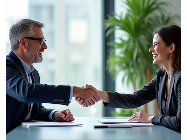 Due professionisti sorridenti si danno la mano su un tavolo con documenti, simbolizzando una partnership d'affari di successo in un ambiente moderno.
