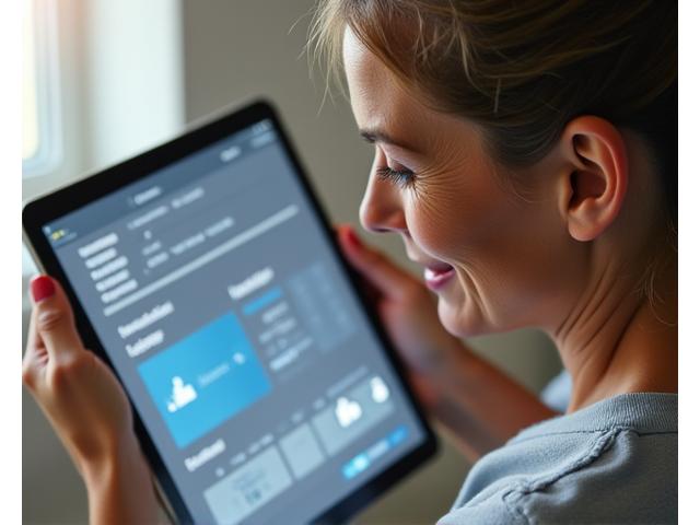 Donna di mezza età sorridente che condivide una storia di successo su una piattaforma digitale, con un'interfaccia utente pulita e ispiratrice per la creazione di contenuti. Si vedono icone di foto e testo, che suggeriscono facilità d'uso.