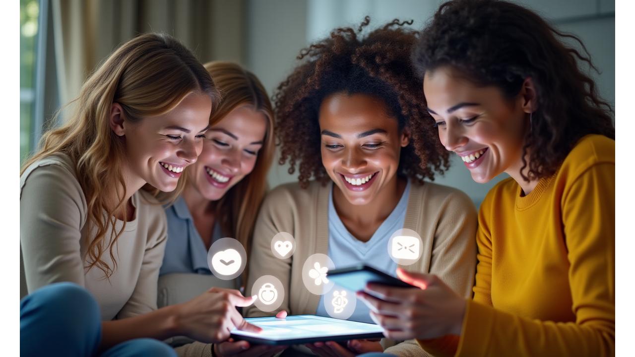 Un gruppo diversificato di adulti sorridenti che interagiscono su una piattaforma di benessere digitale, con icone di supporto e conversazione che fluttuano attorno a loro. L'immagine trasmette un senso di calore e connessione.