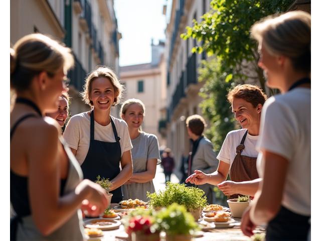 Persone che partecipano a un workshop di cucina sana o meditazione in un contesto urbano moderno a Milano, simboleggiando eventi locali.