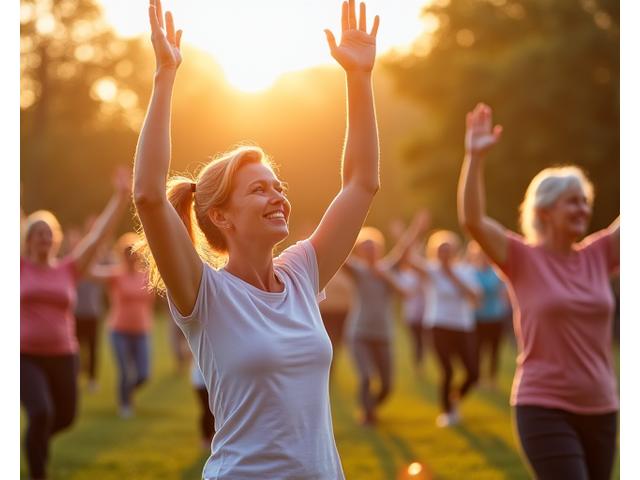 Gruppo di persone che partecipano a una sessione di yoga all'aperto, simboleggiando una sfida di benessere mensile. L'atmosfera è serena e inclusiva.