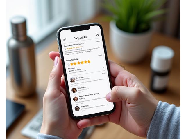 Mani che tengono uno smartphone con un'interfaccia utente che mostra recensioni di prodotti per il benessere, con stelle di valutazione e commenti visualizzati in modo chiaro. Sullo sfondo, prodotti wellness sfocati come integratori o accessori fitness.