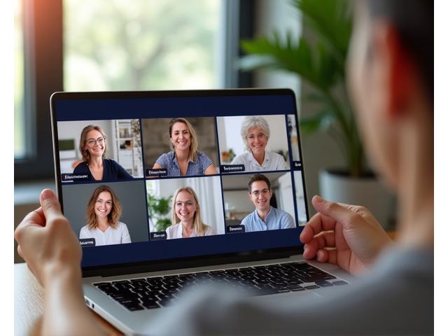 Schermo di un computer che mostra una videochiamata di gruppo con partecipanti sorridenti, rappresentando un meetup virtuale o webinar di benessere.