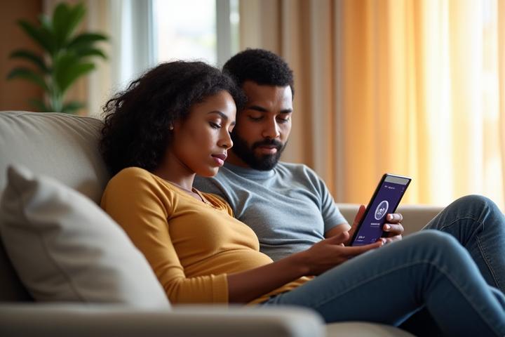 Coppia che consulta un tablet con dati sulla fertilità, in un ambiente luminoso e accogliente