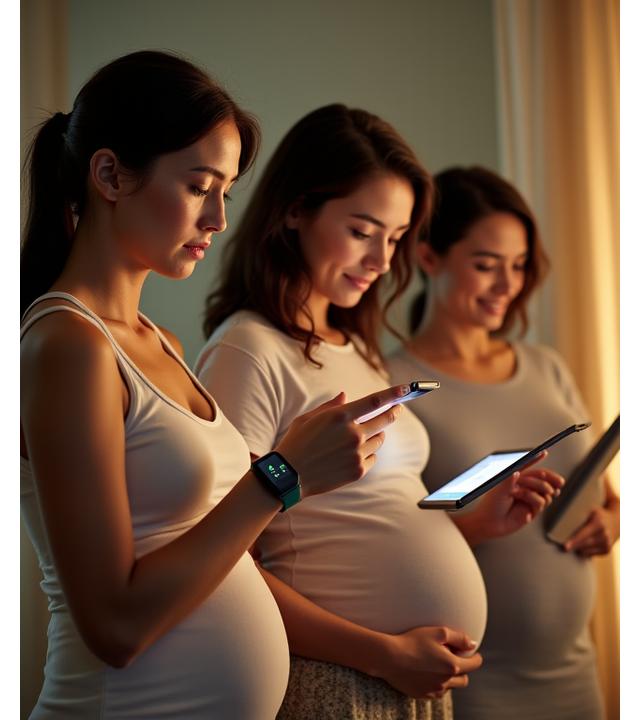 Donna sorridente di età diverse che utilizzano dispositivi tecnologici per la salute, sullo sfondo sfumato sui colori del benessere