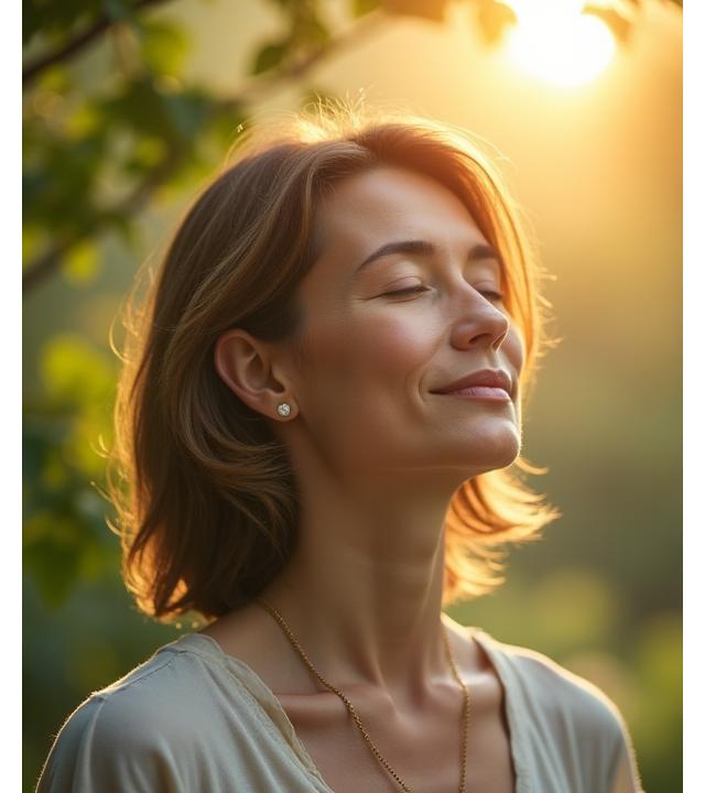 Donna serena che respira profondamente in un ambiente calmo e naturale, riflettendo la gestione dello stress e il benessere mentale. I colori sono soft e rilassanti, con tonalità primarie e secondarie del brand Rifugio Salute.