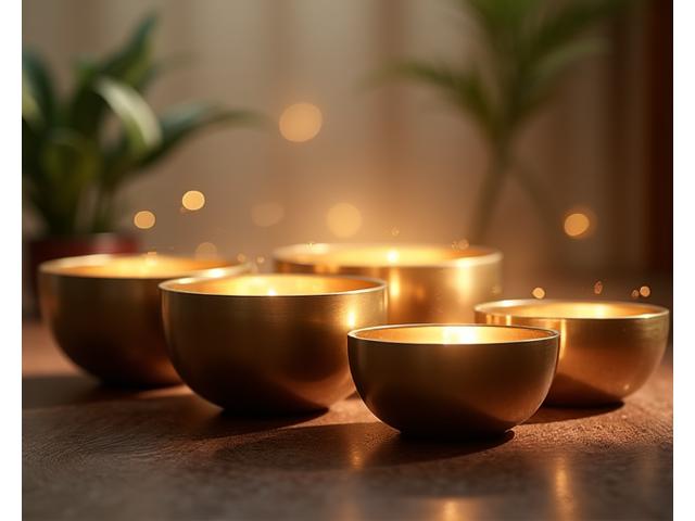 Ciotole tibetane di diverse dimensioni, con leggeri fumi o auree sonore che emanano, in un ambiente rilassante e meditativo, per rappresentare la terapia del suono.