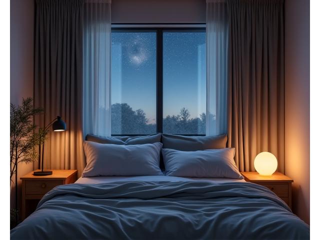 Una camera da letto calma e ordinata con illuminazione soffusa