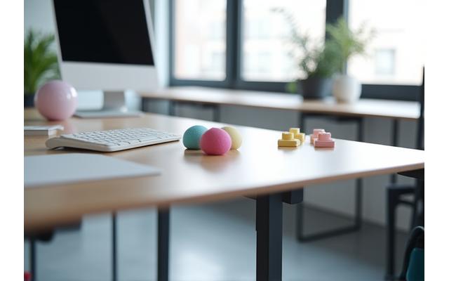 Scrivania da ufficio ergonomica con una mini cyclette da sotto-scrivania e piccoli pesi, promuovendo il movimento.