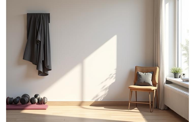 Piccola e moderna home gym compatta in un angolo di un salotto elegante, con attrezzi minimalisti e poco ingombranti.