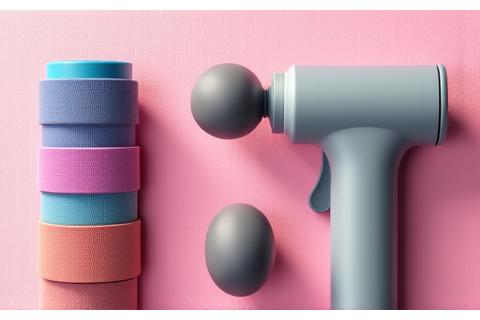 Vari strumenti di recupero muscolare come foam roller e pistola massaggiante disposti su un tappetino yoga.