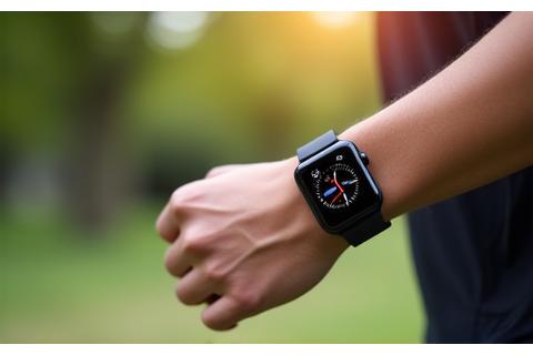 Smartwatch elegante e fitness tracker al polso di una persona che fa jogging, mettendo in evidenza la tecnologia e il movimento.