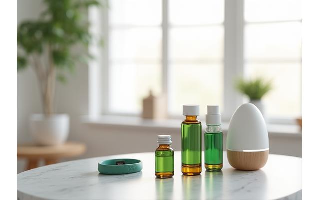 Raccolta di prodotti wellness premium, tra cui integratori eleganti, un dispositivo per il sonno e attrezzi fitness in un ambiente lifestyle luminoso e sereno.