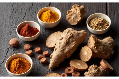 Erbe adattogene come l'Ashwagandha e la Rhodiola in forme naturali e in estratto, con un'atmosfera calma e terrosa.