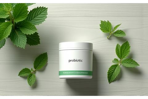 Confezione moderna di probiotici multi-strain con foglie verdi stilizzate che simboleggiano la flora intestinale.