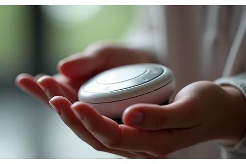 Dispositivo compatto per l'allenamento della respirazione, tenuto delicatamente in mano, con un'interfaccia utente pulita.