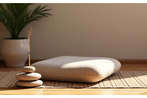 Cuscino da meditazione ergonomico, incenso acceso e pietre zen in un angolo di pace con luce soffusa.