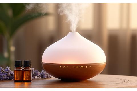 Eleganti diffusori di oli essenziali smart con flaconi di oli colorati naturali in un ambiente SPA rilassante.