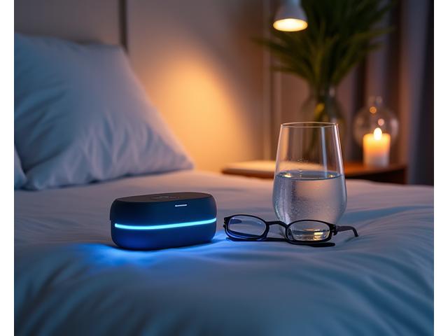 Dispositivo per il sonno e occhiali anti-luce blu elegantemente disposti su un comodino in una camera da letto tranquilla.