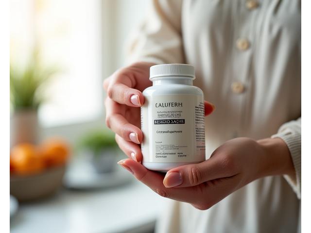 Scatto ravvicinato di una mano che tiene un flacone di integratori Rifugio Salute in un ambiente curato.