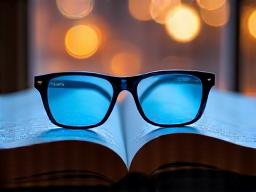 Occhiali che bloccano la luce blu, dal design moderno e confortevole, riposano su un libro aperto.