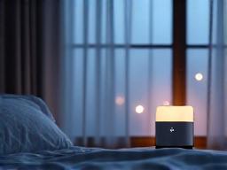 Macchina per il rumore bianco con design minimale che emette un alone di suono dolce, in una camera da letto serena.