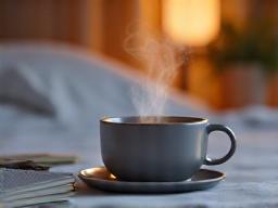 Elegante sleep tracker indossabile con un display minimalista, posizionato su un comodino accanto a una tazza di tisana.