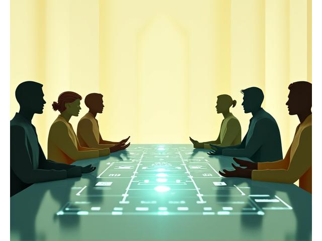 Rappresentazione grafica di un percorso di mediazione con icone di persone che discutono amichevolmente attorno a un tavolo digitale.