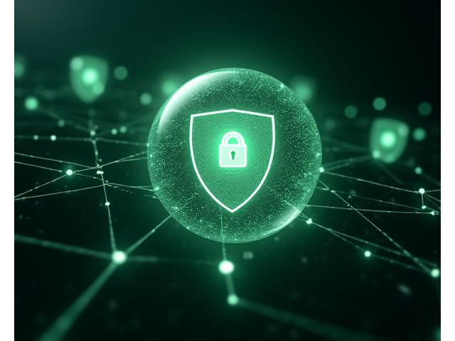 Rappresentazione astratta di dati protetti da uno scudo, con linee e punti che formano una rete sicura.